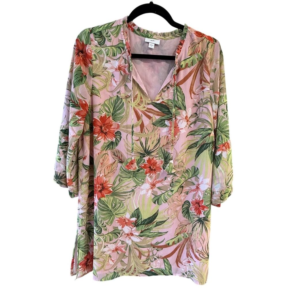 J Jill Tropical Floral Womens  M Vacation Wear Lined Flowy 3/4 Sleeve Tunic GUC
